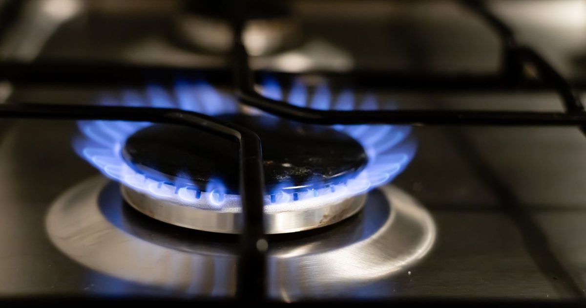 A blue gas flame burning on a kitchen hob.