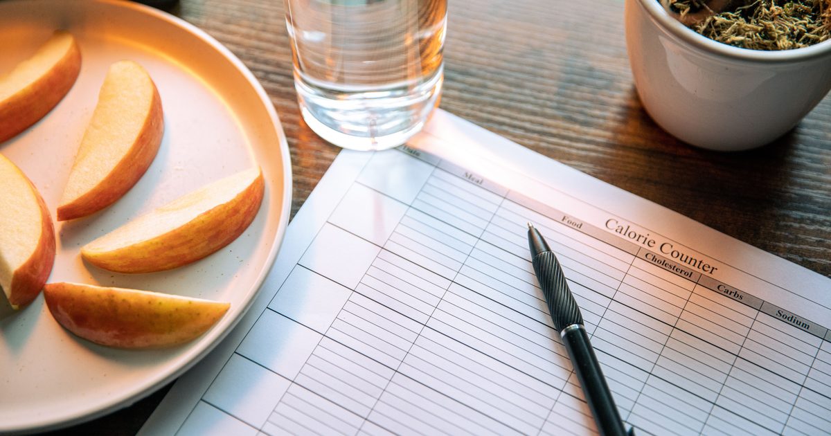 A blank calorie counter log sheet with a pen resting on it, beside a plate of sliced apple and a glass of water on a wooden table.
